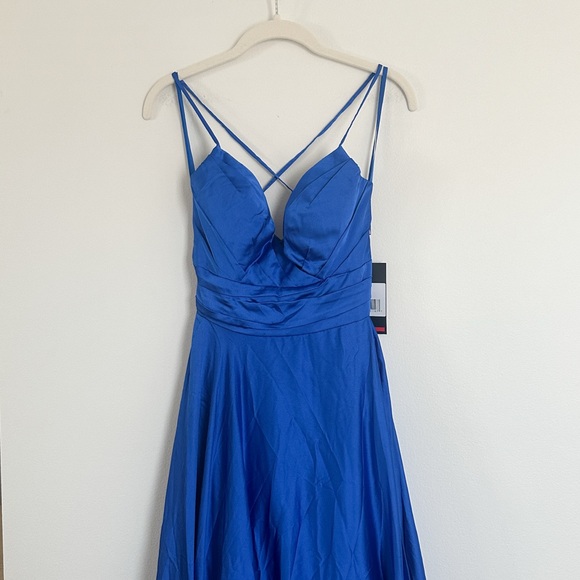 La Femme 28571 Royal Satin Blue Faux Wrap Strappy Back Gown Size 4 NWT - Picture 6 of 6